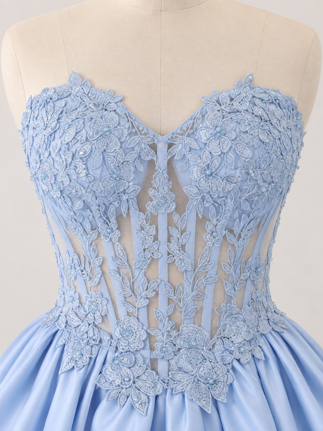 Cute Sweetheart Neck Satin Lace Blue Short Prom Dress