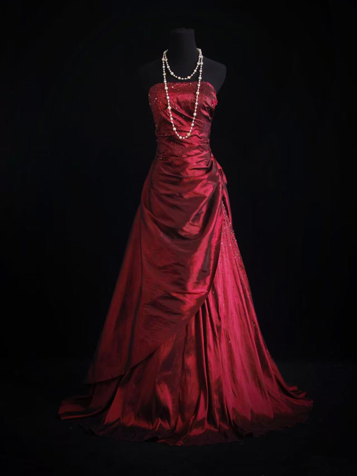 A-line Taffeta Burgundy Long Prom Dress with Beads