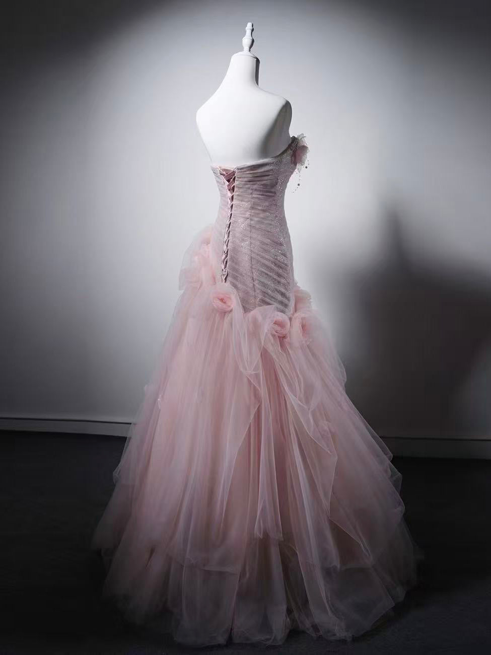 A-line Sweetheart Neck Tulle Sequin Pink Long Prom Dress with Beads