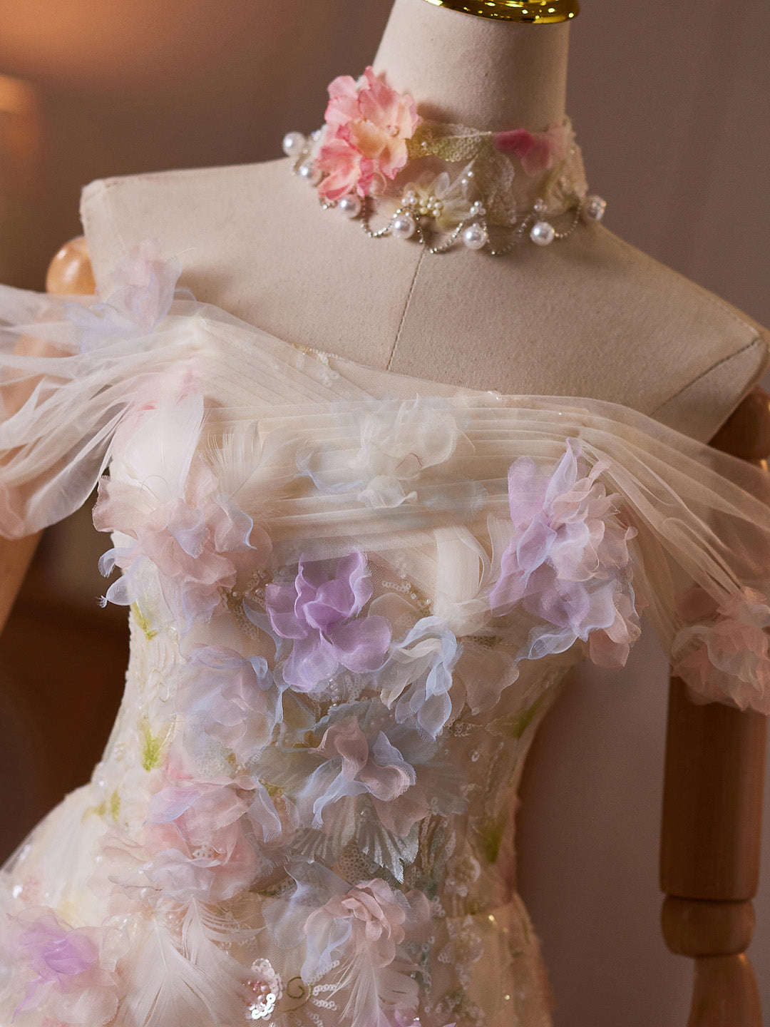 A-line Off Shoulder Tulle Lace Light Champagne Long Prom Dress