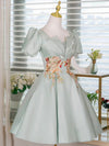 Light Green Satin Lace Applique Short Prom Dress, Cute Homecoming Dress