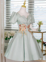 Light Green Satin Lace Applique Short Prom Dress, Cute Homecoming Dress