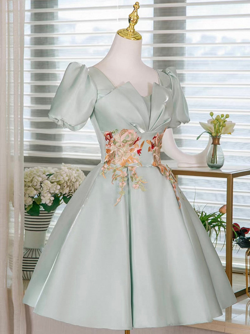 Light Green Satin Lace Applique Short Prom Dress, Cute Homecoming Dress