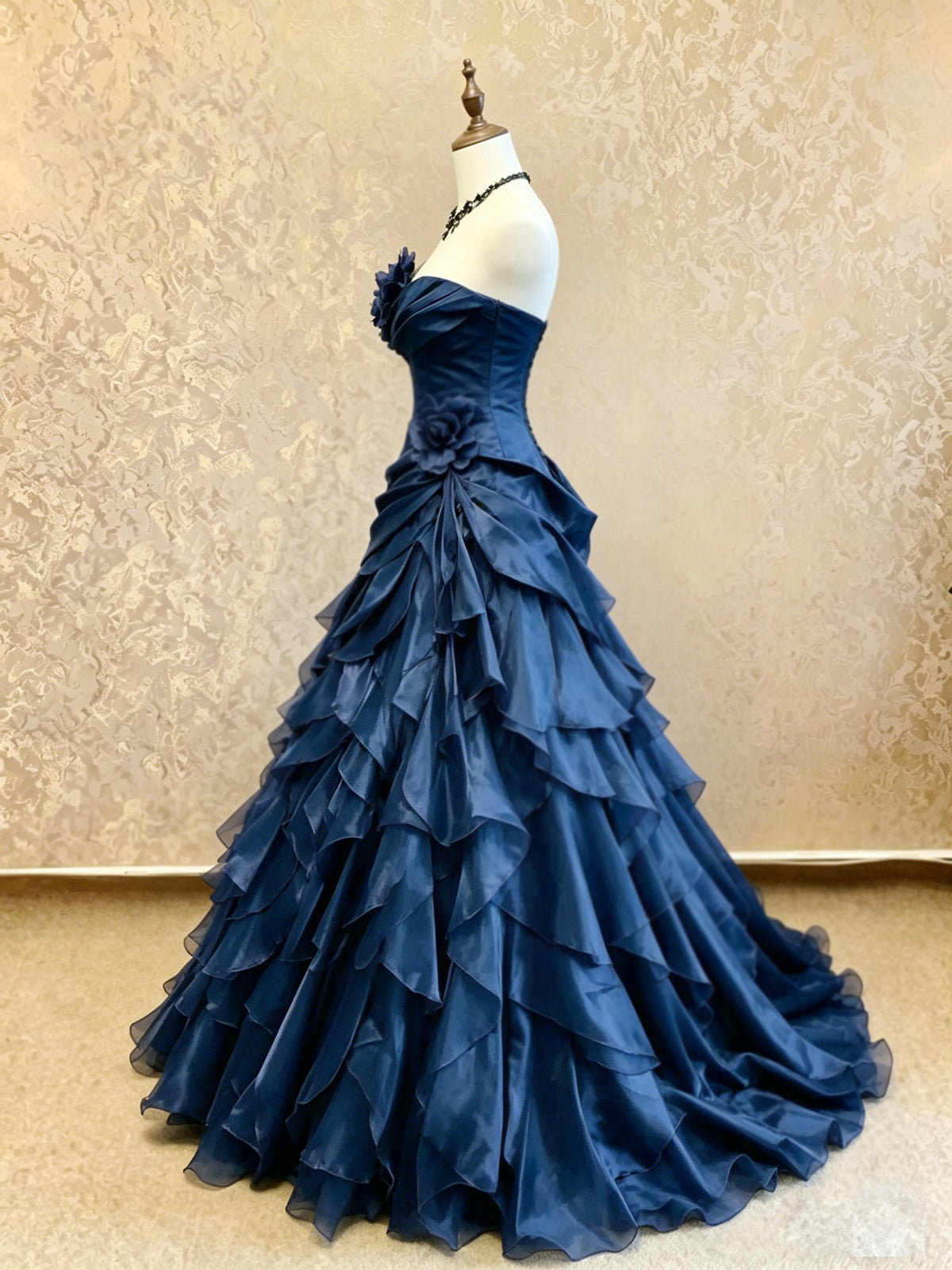 A-Line Sweetheart Ruffles Taffeta Dark Blue Long Prom Dress with Flower