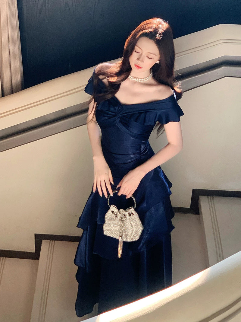 off shoulder blue dress Feathered Off-shoulder Custom Dusty Blue Sparkly Slit A-line Dress main image 0