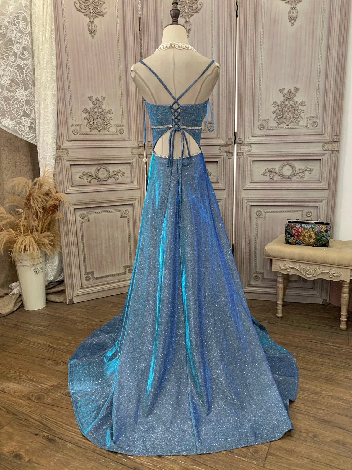 A-Line V Neck Shiny Blue Long Prom Dress, Blue Party Dress