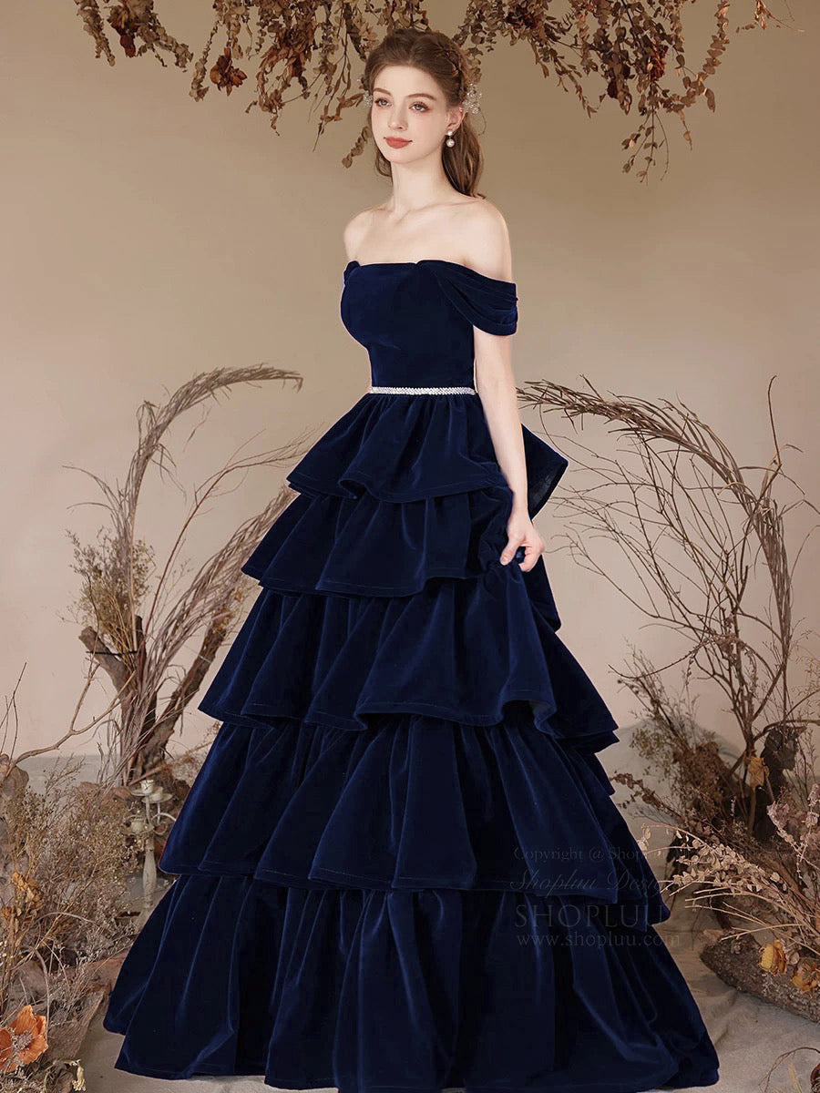 A-Line Off Shoulder Velvet Dark Blue Long Prom Dress, Dark Blue Long Formal Dress