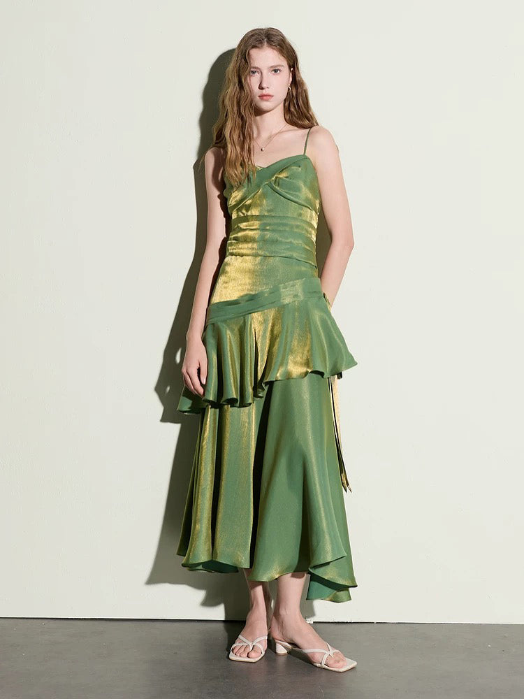 A-line Sweetheart Tea Length Silk Green Prom Dress