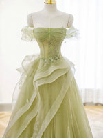 A-Line Off Shoulder Tulle Lace Green Long Prom Dress, Green Lace Long Formal Dress