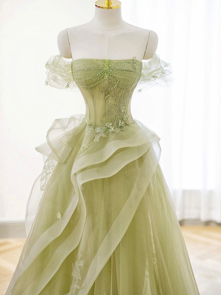 Off the Shoulder Green Tulle Lace Long Prom Dresses, Green Tulle Long Lace Formal Evening Dresses, US 14 / Custom Color / No Rush Off the Shoulder Green Tulle Lace Long Prom Dresses, Green Tulle Long Lace Formal Evening Dresses, US 14 / Custom Color / No Rush