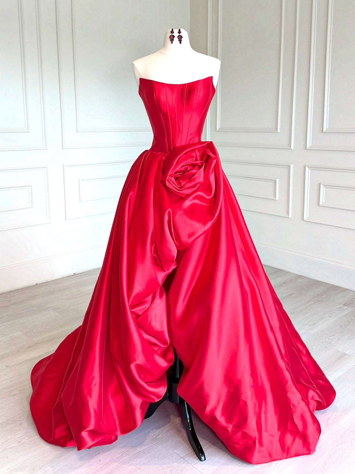 A-line Spoon Neck Satin Black Long Prom Dress, Black Formal Dress
