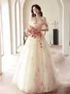 A-Line Off Shoulder Tulle Champagne Long Prom Dress, Champagne Long Formal Dress