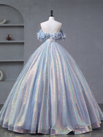 A-Line Off Shoulder Tulle Sequin Blue Purple Long Prom Dress, Sequin Formal Dress