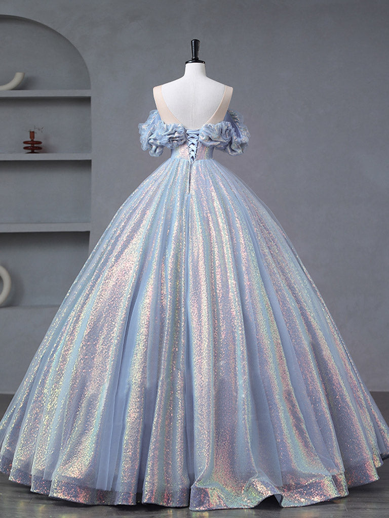 A-Line Off Shoulder Tulle Sequin Blue Purple Long Prom Dress, Sequin F shopluu A-Line Off Shoulder Tulle Sequin Blue Purple Long Prom Dress, Sequin F shopluu