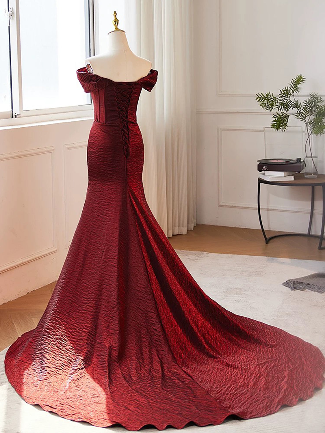 Mermaid Off Shoulder Burgundy Long Prom Dress, Burgundy Long Evening Dress