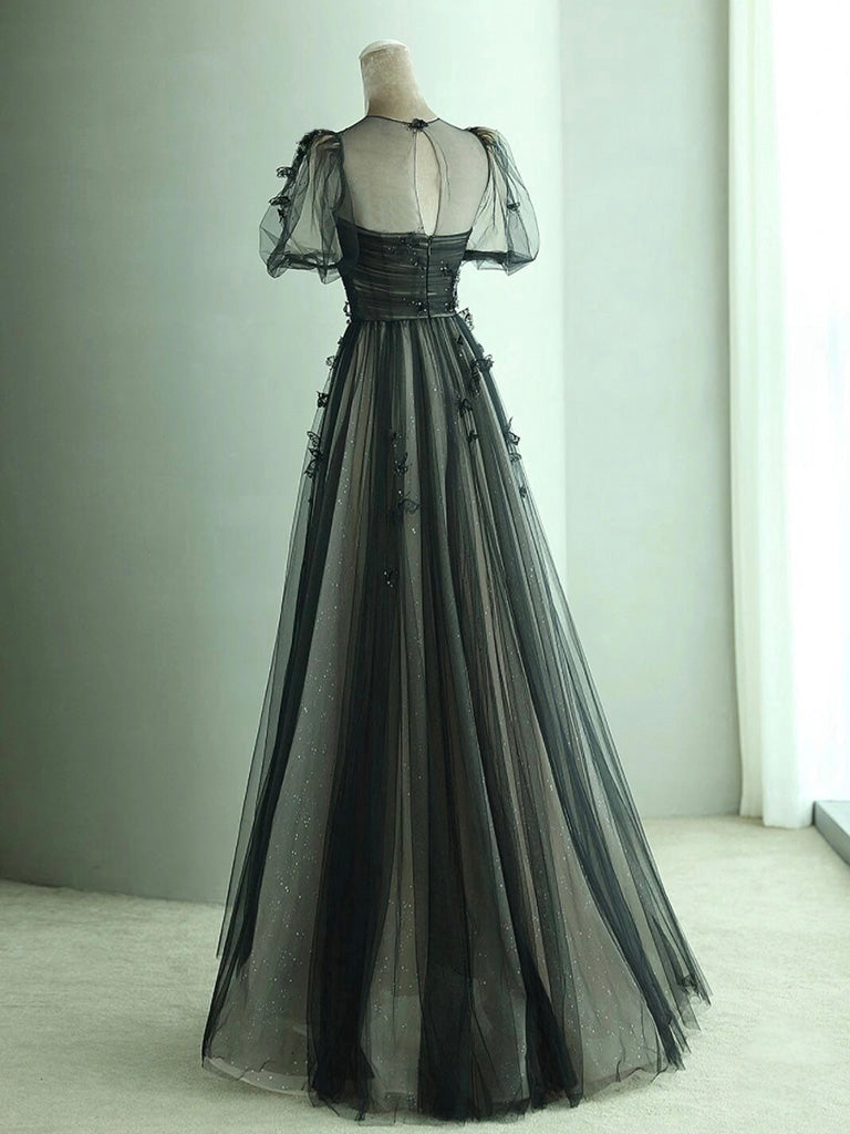 A-Line Black Puff Sleeves Tulle Long Prom Dress, Black Formal Evening Dress