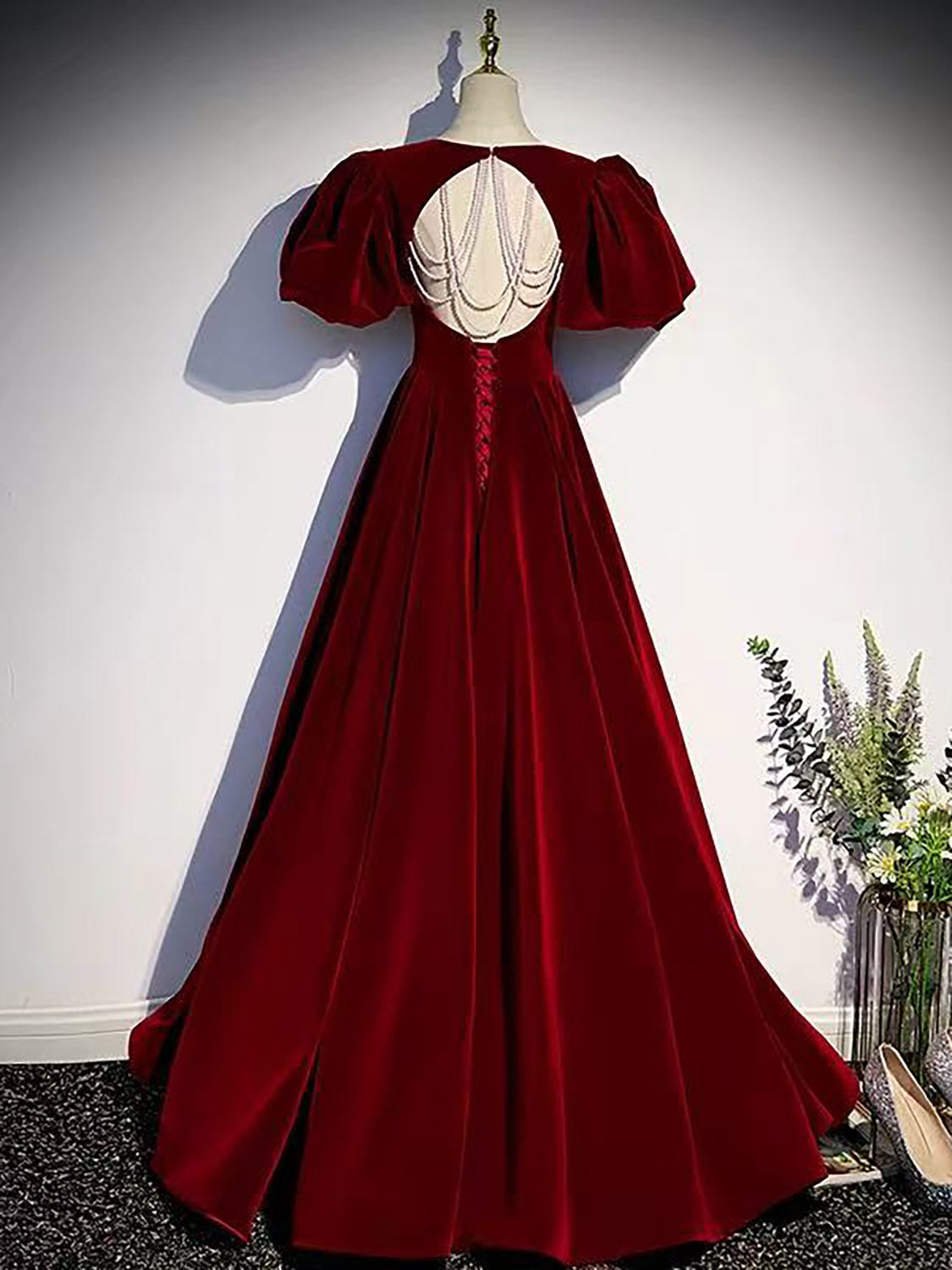 A-Line Sweetheart Neck Puff Sleeves Burgundy Long Prom Dress
