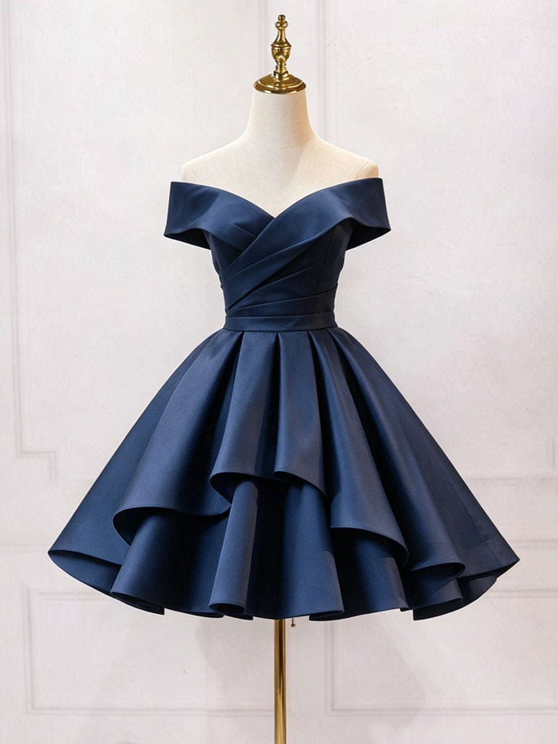 A-Line Sweetheart Off Shoulder Satin Short Dark Blue Prom Dress – shopluu