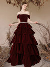 A-Line Off Shoulder Velvet Burgundy Long Prom Dress, Burgundy Long Formal Dress