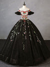 A- Line Tulle Lace Black Long Prom Dress, Black Lace Sweet 16 Dress