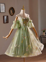 A-Line Off Shoulder Sweetheart Neck Tulle Lace Green Short Prom Dress