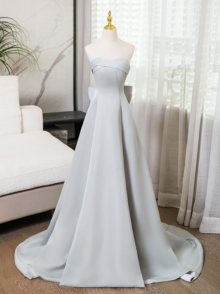 A-Line Sweetheart Neck Satin Gray Long Prom Dress, Gray Long Formal Dress