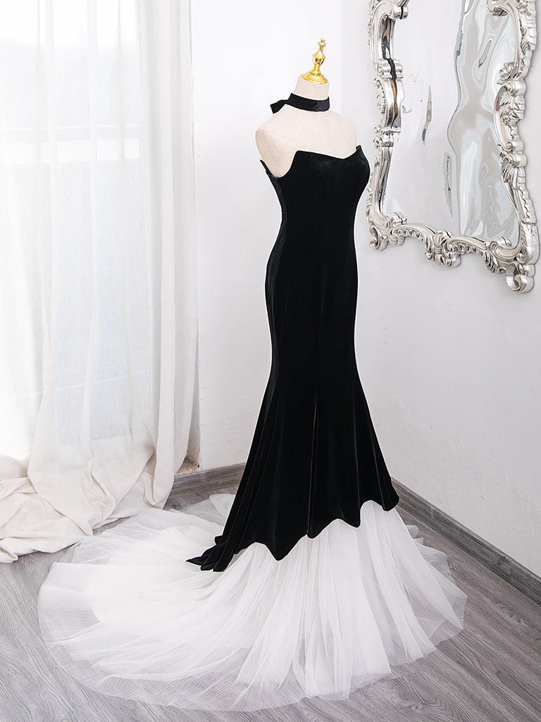 Mermaid Velvet Tulle Black Long Prom Dress, Black Long Formal Dress