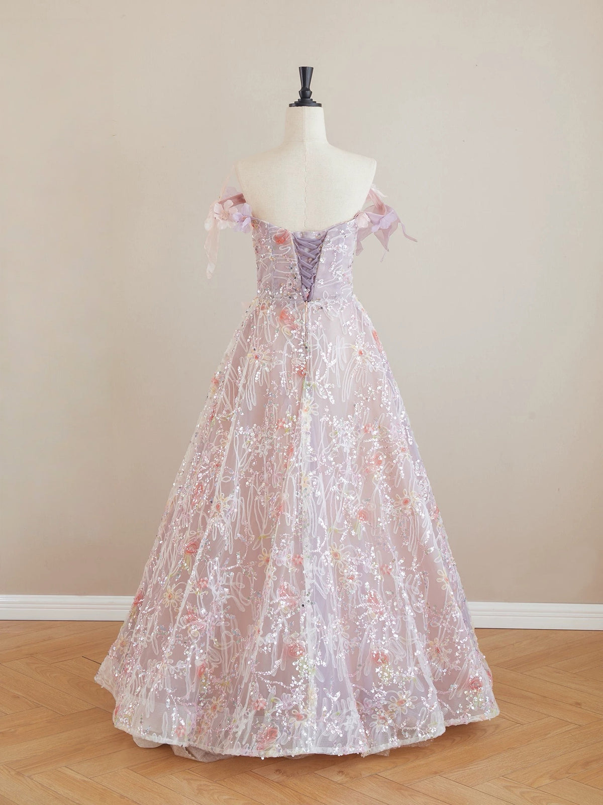 A-Line Tulle Lace Flower Pink Long Prom Dress, Pink Formal Dress