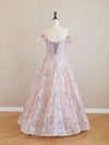 A-Line Tulle Lace Flower Pink Long Prom Dress, Pink Formal Dress
