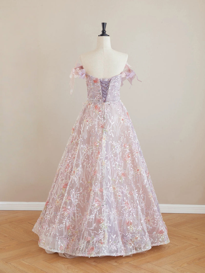 A-Line Tulle Lace Flower Pink Long Prom Dress, Pink Formal Dress