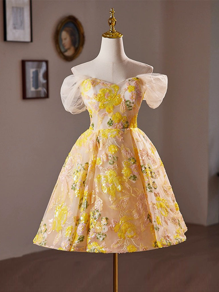Off The Shoulder Tea Length Floral Yellow Prom Dress Off The Shoulder Tea Length Floral Yellow Prom Dress