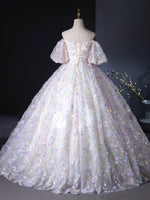 A-Line Puff Sleeves Sweetheart Neck Tulle Lace Light Purple Long Prom Dress