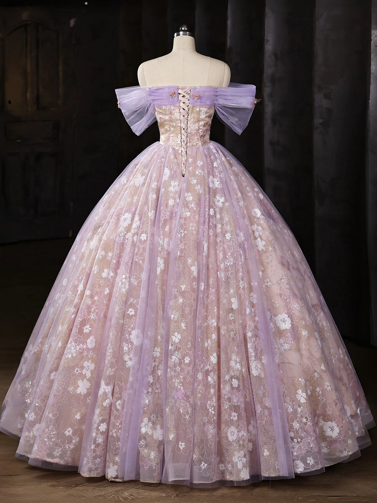 A-Line Sweetheart Neck Off Shoulder Tulle Lace Purple Long Prom Dress