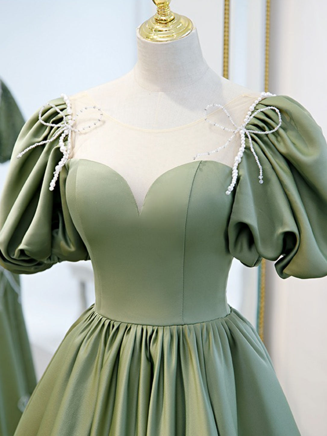 A-Line Green Puffy Sleeve Satin Short Prom Dress, Green Short Formal D – shopluu