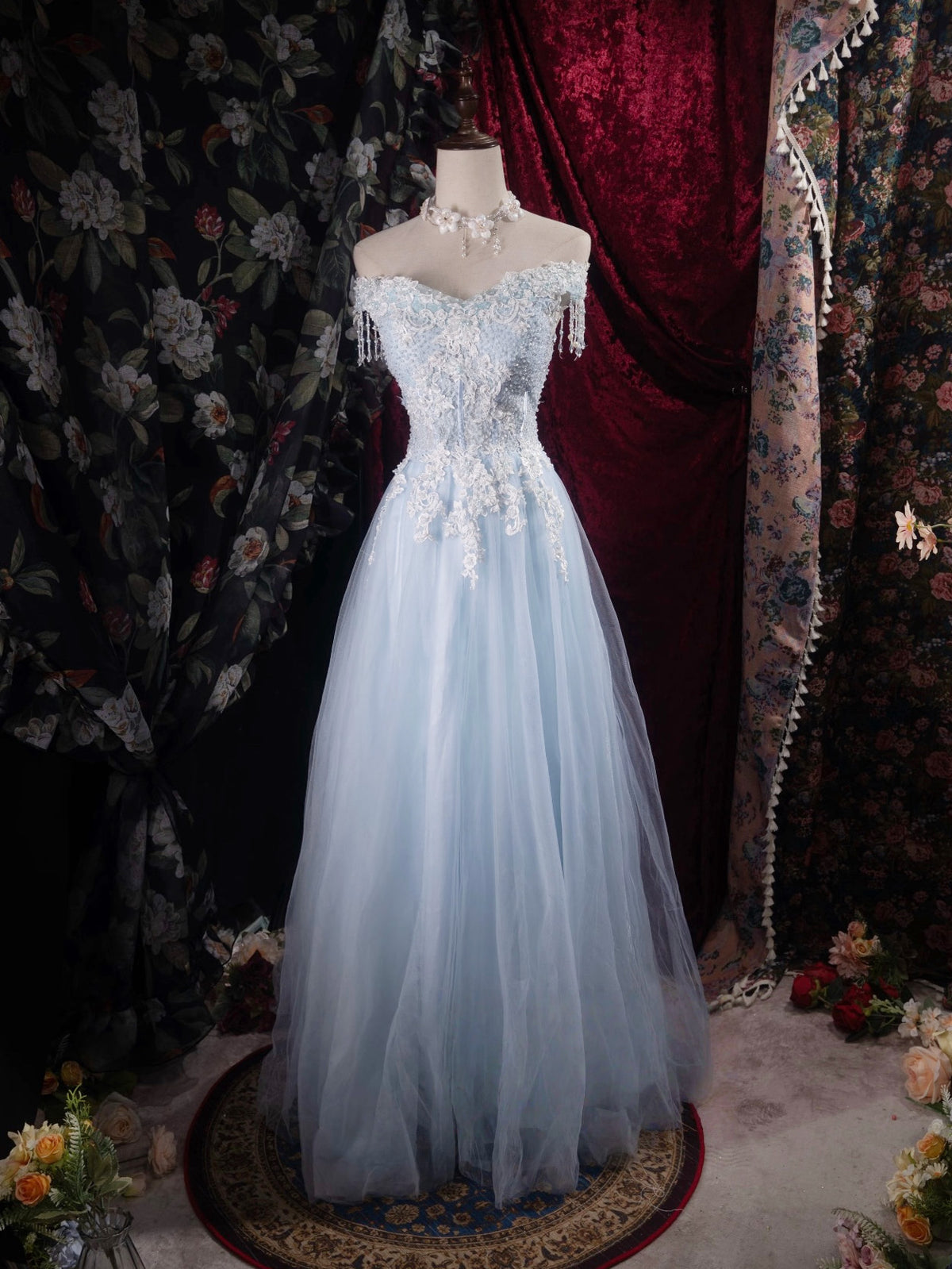 A- Line Off Shoulder Tulle Lace Floor Length Blue Long Prom Dress with Beads