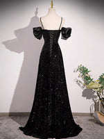 Black Off Shoulder Velvet Sequin Long Prom Dress, Black Long Evening Dress