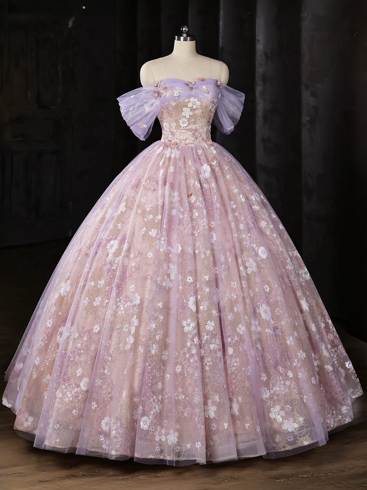 A-Line Sweetheart Neck Off Shoulder Tulle Lace Purple Long Prom Dress