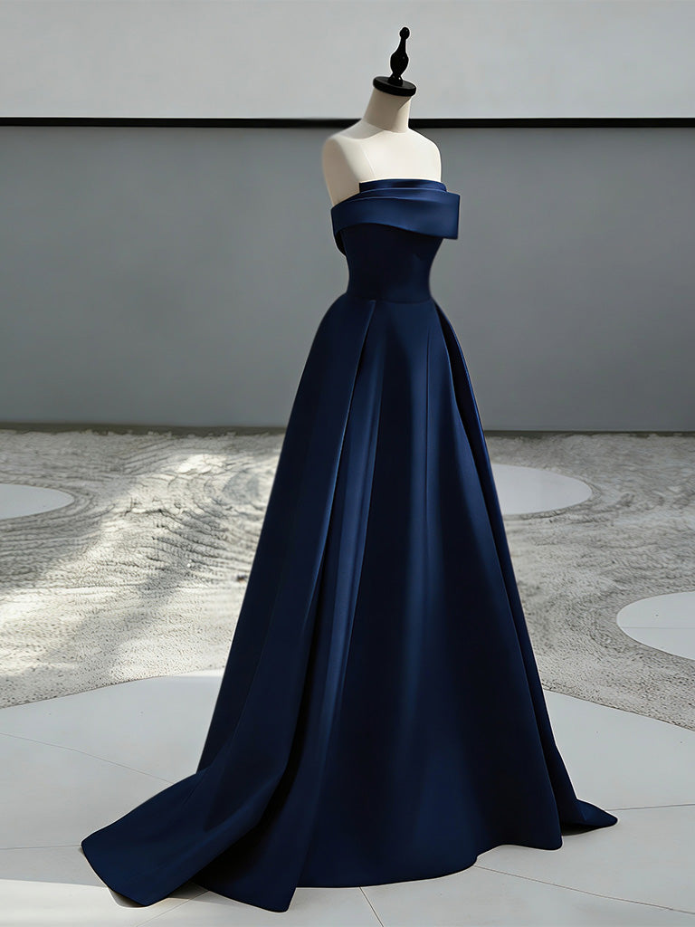 A-Line Sweep Train Satin Dark Blue Long Prom Dress