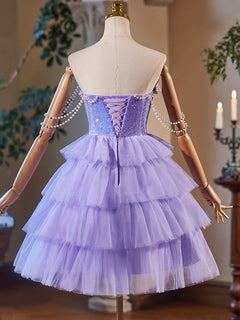 A-Line Tulle Sequin Purple Short Prom Dress, Purple Homecoming Dress