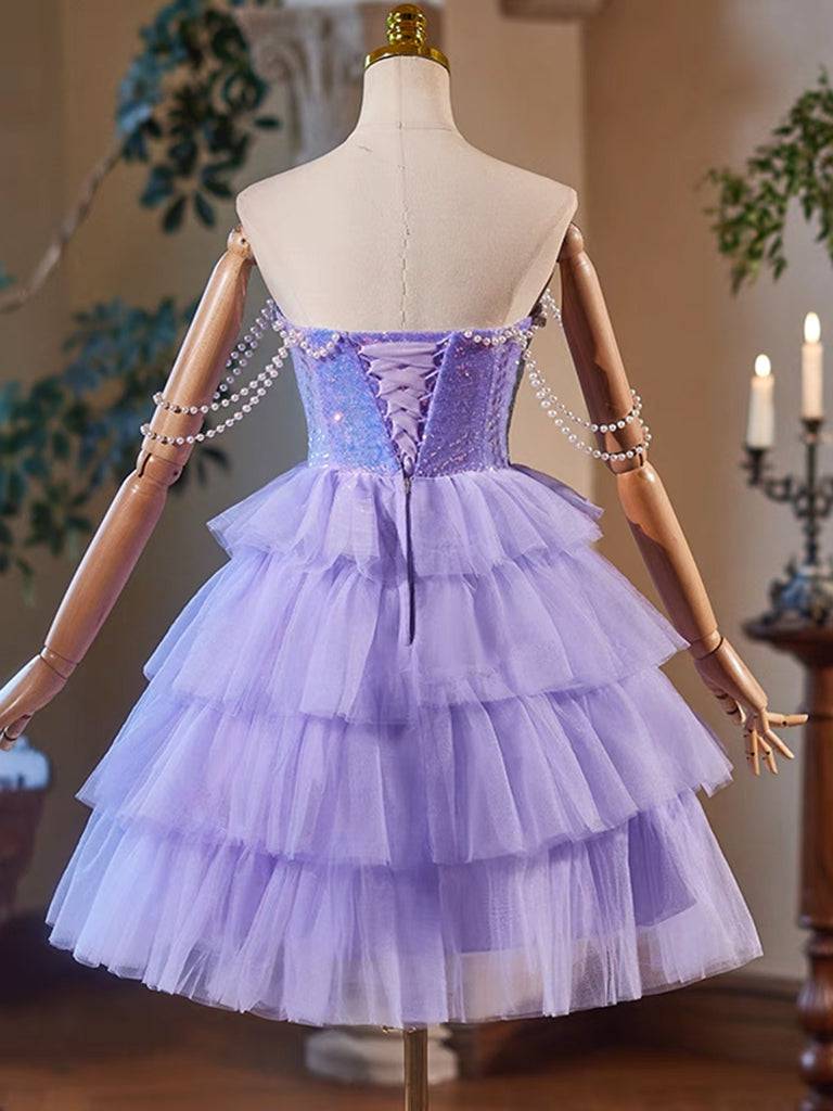 A-Line Tulle Sequin Purple Short Prom Dress, Purple Homecoming Dress