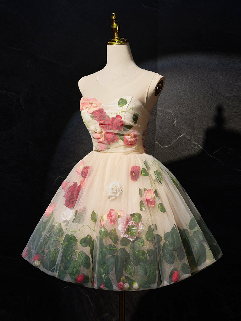 Scoop Neckline Tulle Flower Champagne Short Prom Dress, Cute Formal Dress US 10 / Champagne
