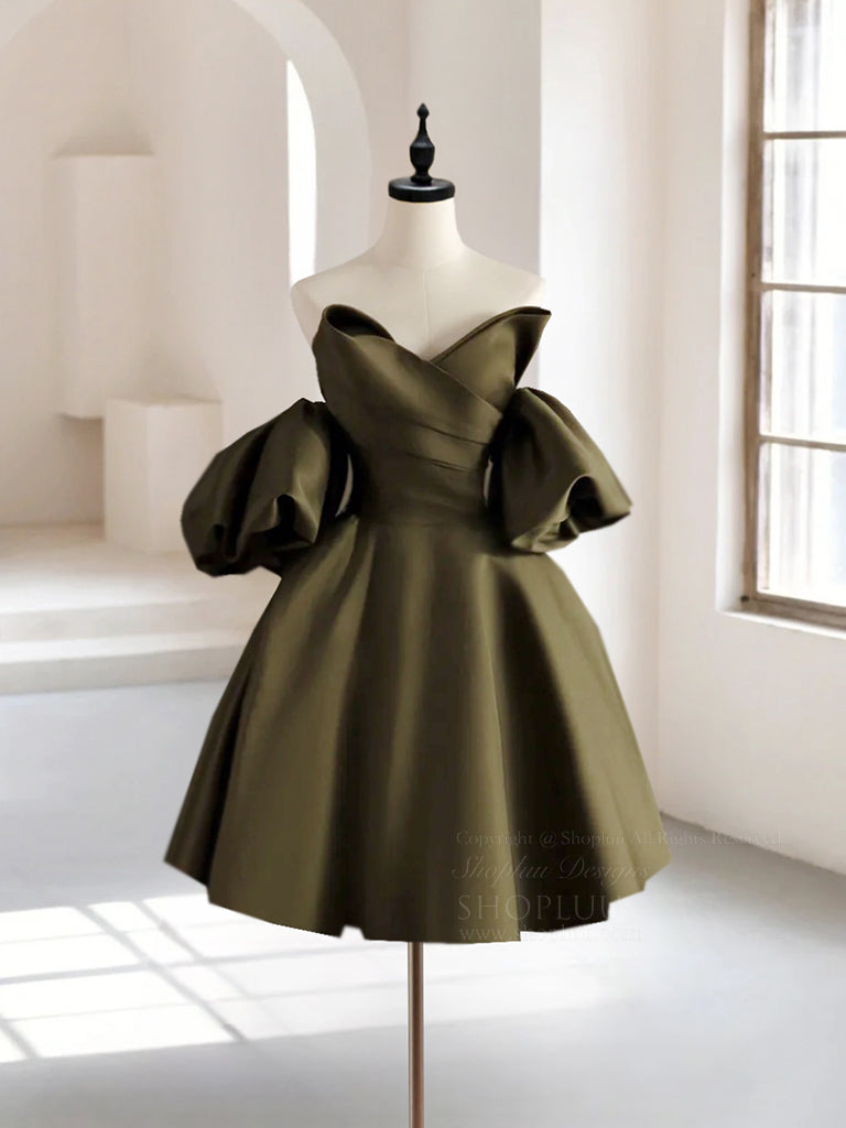 A-Line Puff Sleeves Olive Green Satin Short Prom Dress, Olive Green Homecoming Dress