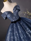 A-Line Off Shoulder Tulle Lace Dark Blue Long Prom Dress, Dark Blue Long Formal Dress