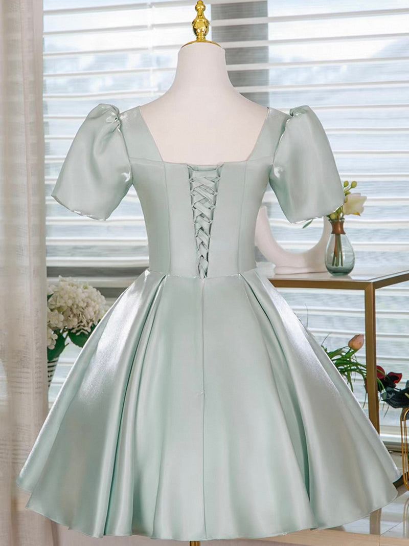 Light Green Satin Lace Applique Short Prom Dress, Cute Homecoming Dress