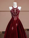 A-Line Velvet Beads Sequin Burgundy Long Prom Dress, Burgundy Long Formal Dress