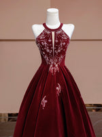 A-Line Velvet Beads Sequin Burgundy Long Prom Dress, Burgundy Long Formal Dress
