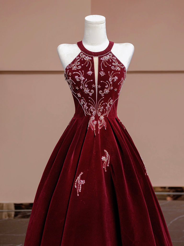 A-Line Velvet Beads Sequin Burgundy Long Prom Dress, Burgundy Long Formal Dress