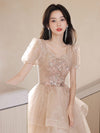 A-Line Champagne Tulle Sequin Long Prom Dress, Champagne Formal Dress