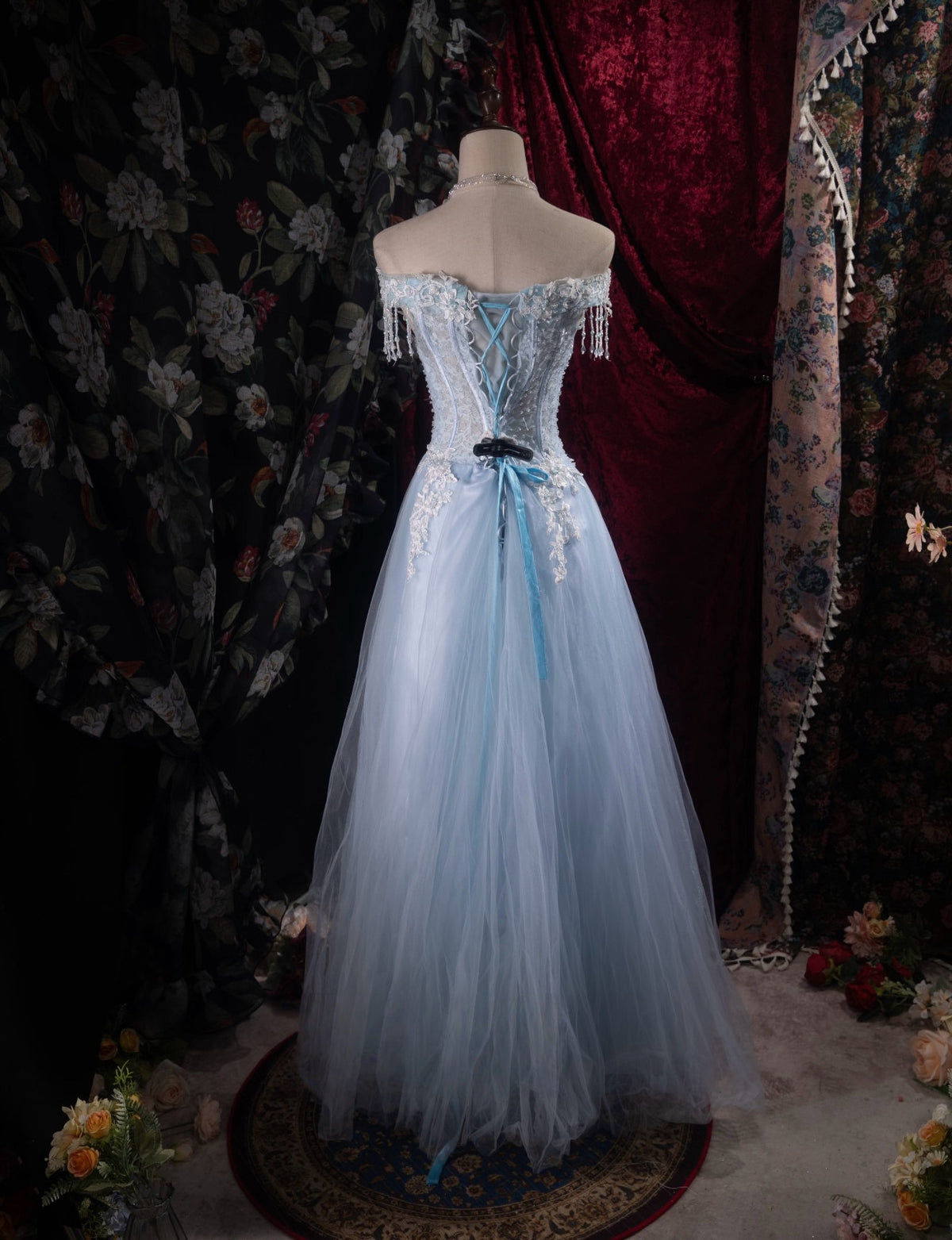 A- Line Off Shoulder Tulle Lace Floor Length Blue Long Prom Dress with Beads