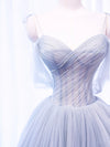A-Line Off Shoulder Tulle Sequin Gray Long Prom Dress, Gray Tulle Formal Dress